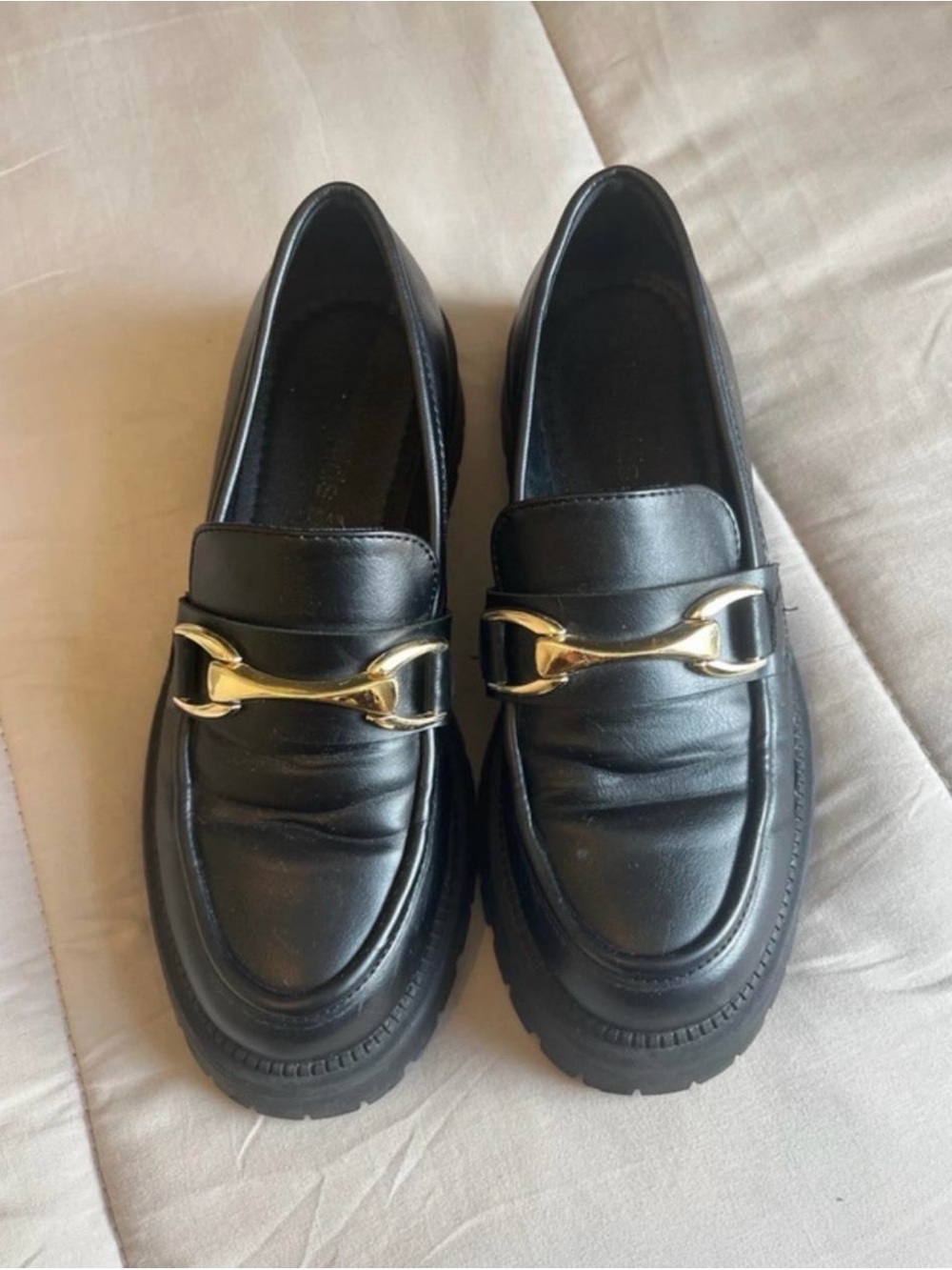 Schuh, Women's Black Leather Loafers with Gold Horsebit Hardware